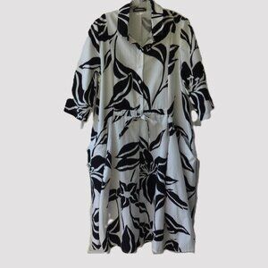 Alembika dress, cotton , white with black leaf print side pockets button up, VGC
